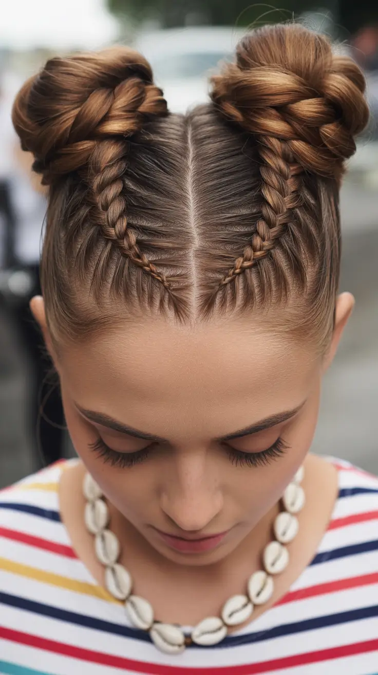 wavy hairstyle 2026 Playful Double Braided Space Buns