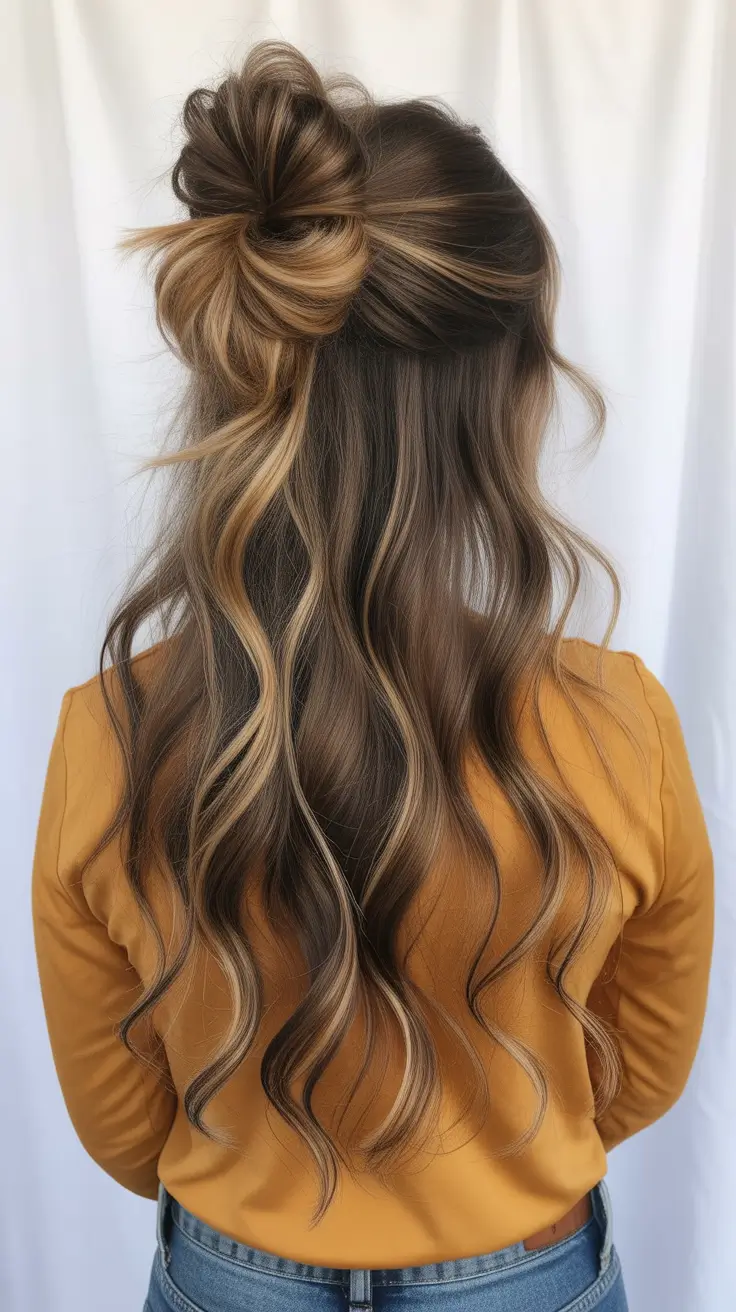wavy hairstyle 2026 Half Up Messy Bun With Caramel Highlights