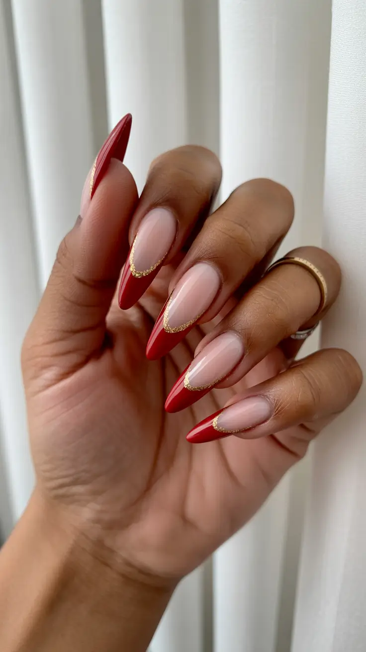 Classic Red Nails 2026 Cherry Red French with Gold Precision