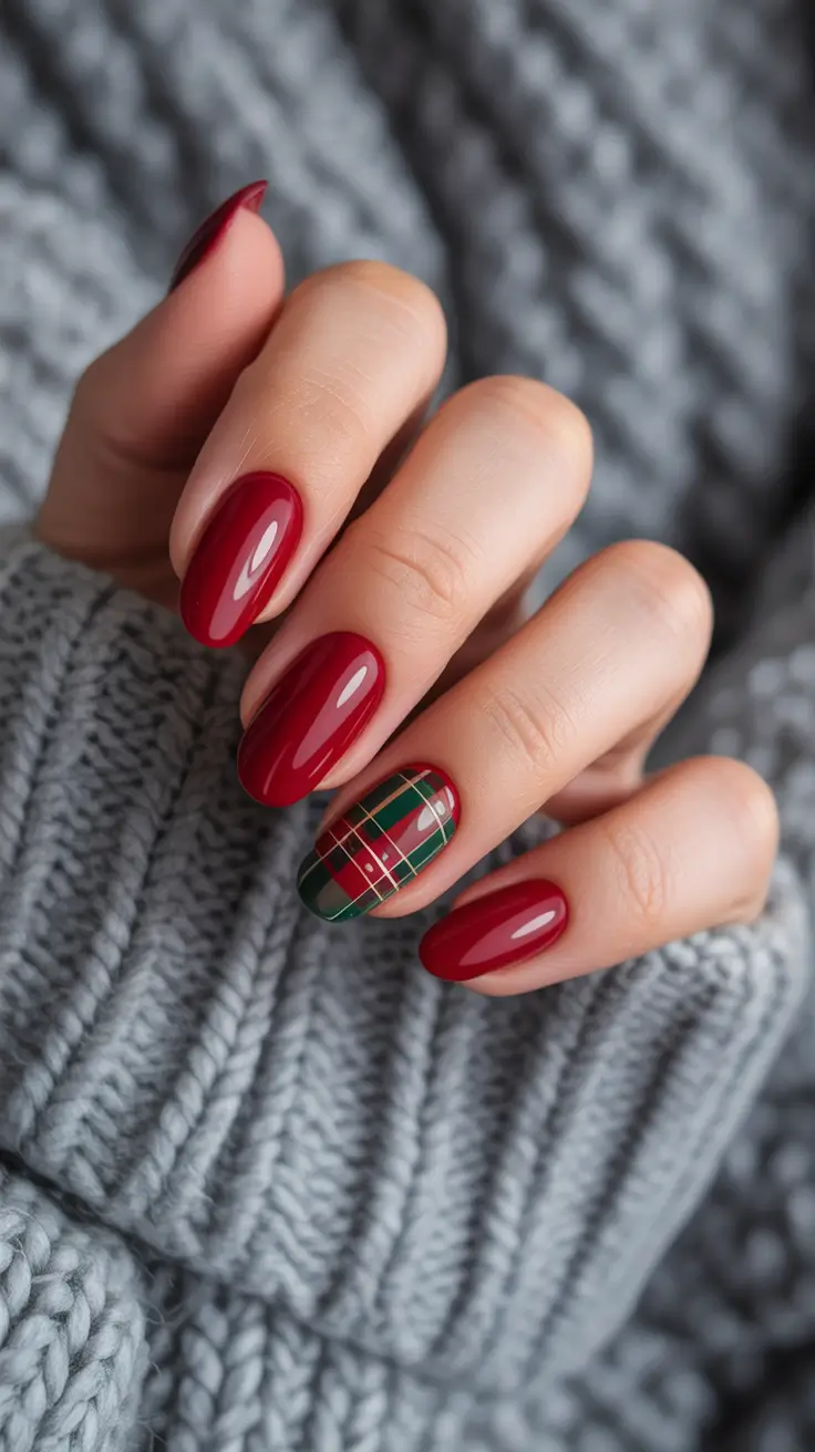 Classic Red Nails 2026 Christmas Red Plaid Accent
