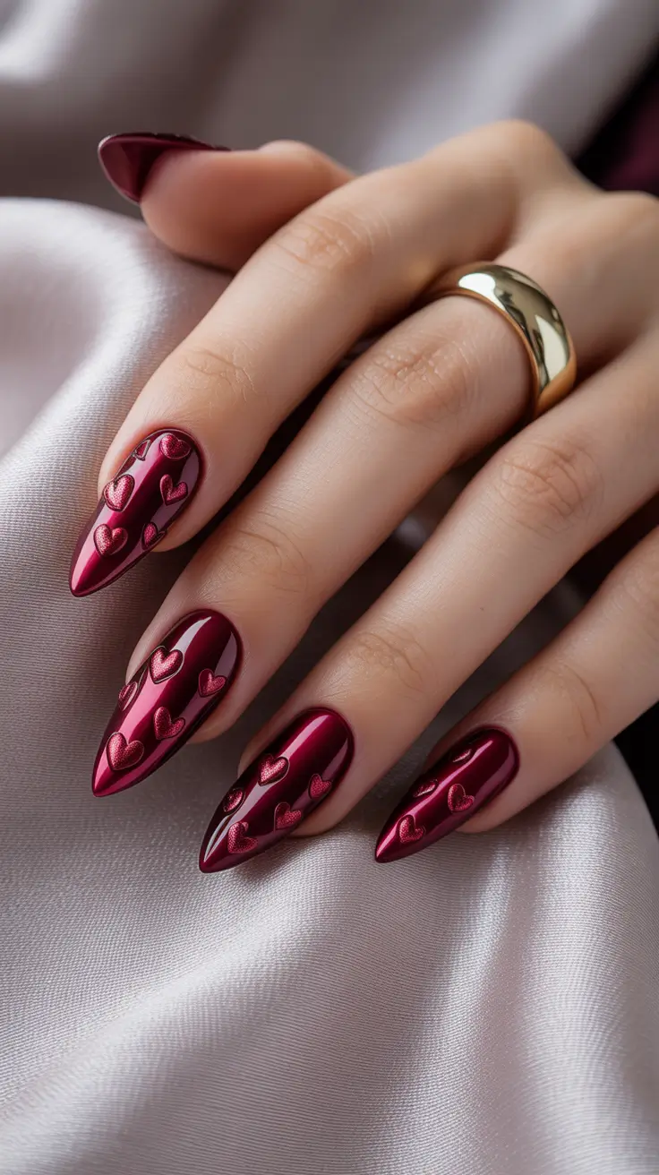 Classic Red Nails 2026 Dark Red Stiletto Heart Art