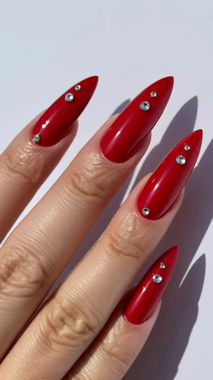 Classic Red Nails 2026 Bright Ferrari Red With Crystal Accents