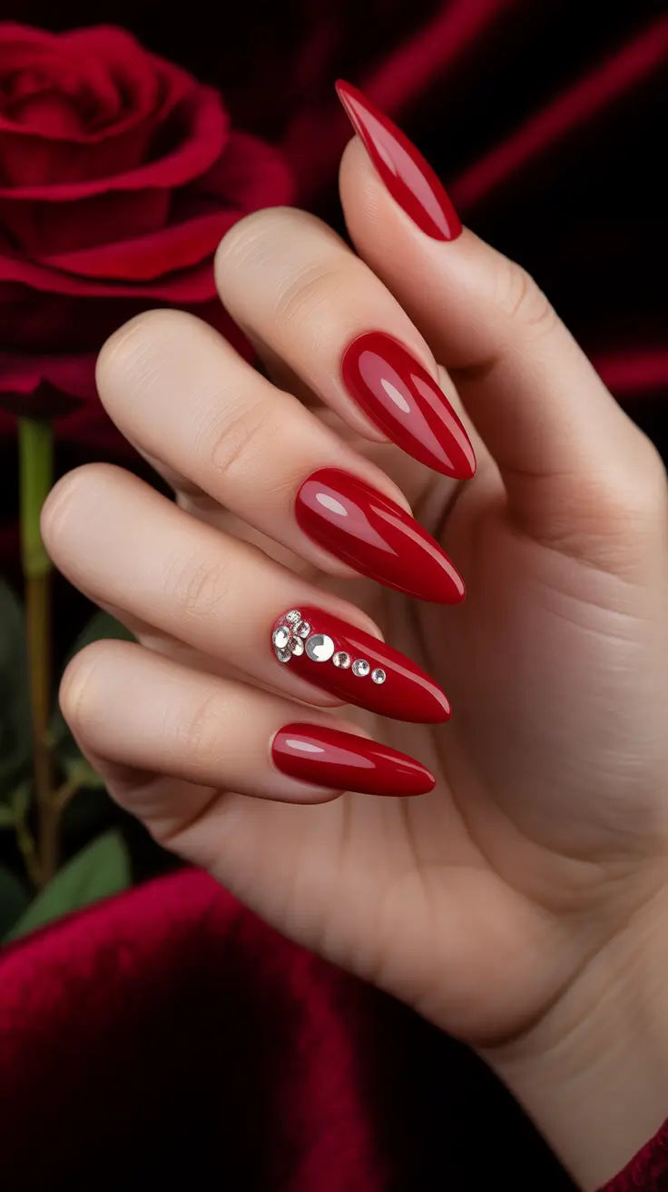 Classic Red Nails 2026 Classic Red Stiletto With Crystal Accent