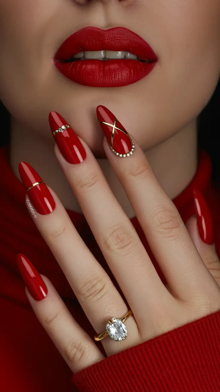 Classic Red Nails 2026 Bold Red With Gold Line Details