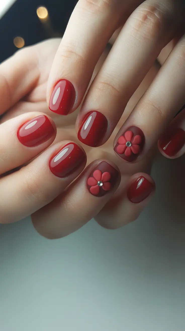 Classic Red Nails 2026 Short Red Nails With Floral Art