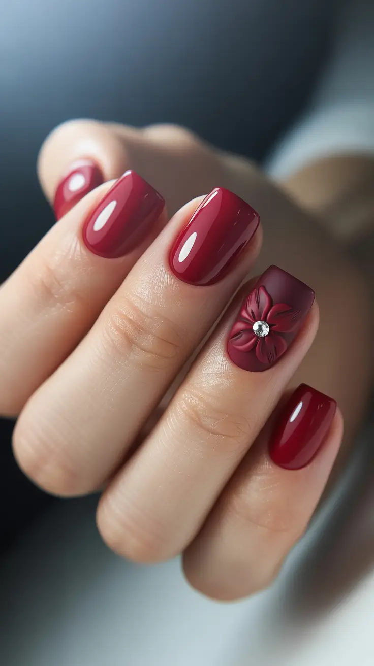 Classic Red Nails 2026 Deep Red Minimal Nails With Floral Accent