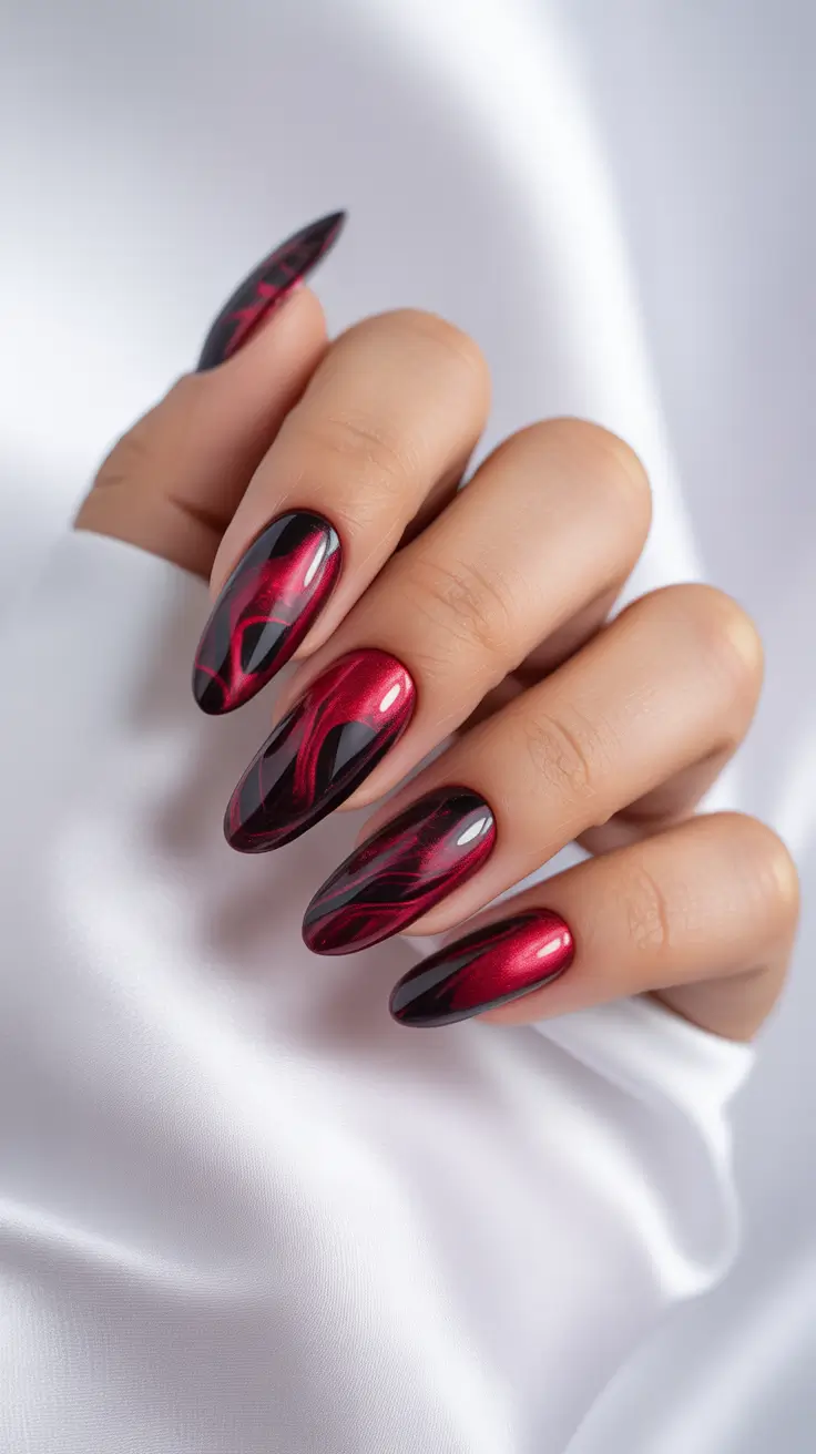 Classic Red Nails 2026 Dark Red Cat Eye with Black Depth