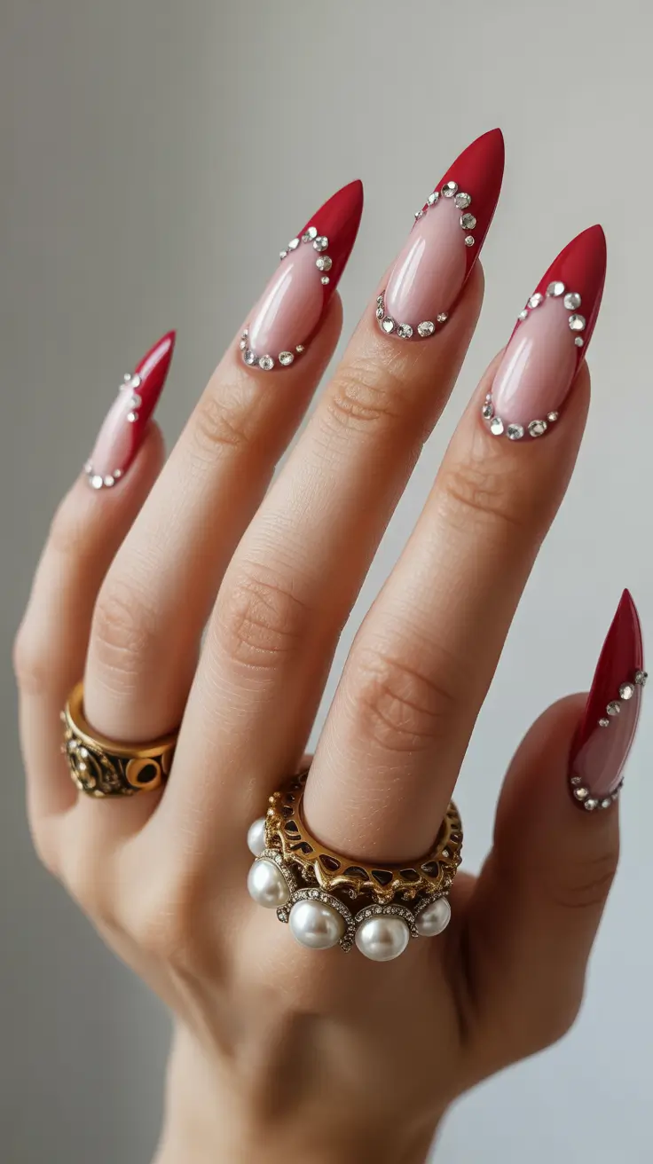 Classic Red Nails 2026 Classic Red Stiletto with Crystal Accents