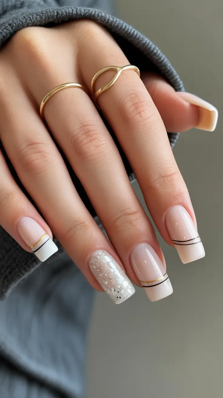 Classy nails aesthetic 2026 Soft Nude Geometry with Gold Accents
