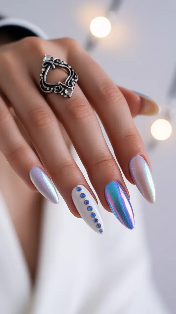 Classy nails aesthetic 2026 Icy Blue Chrome Nails with Rhinestone Line