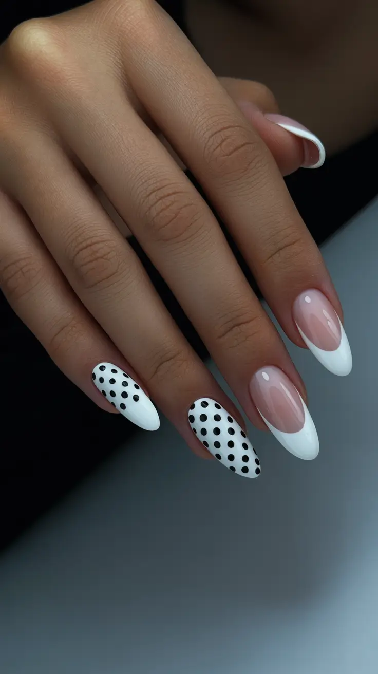 Classy nails aesthetic 2026 White French Almond Nails with Polka Dot Accent