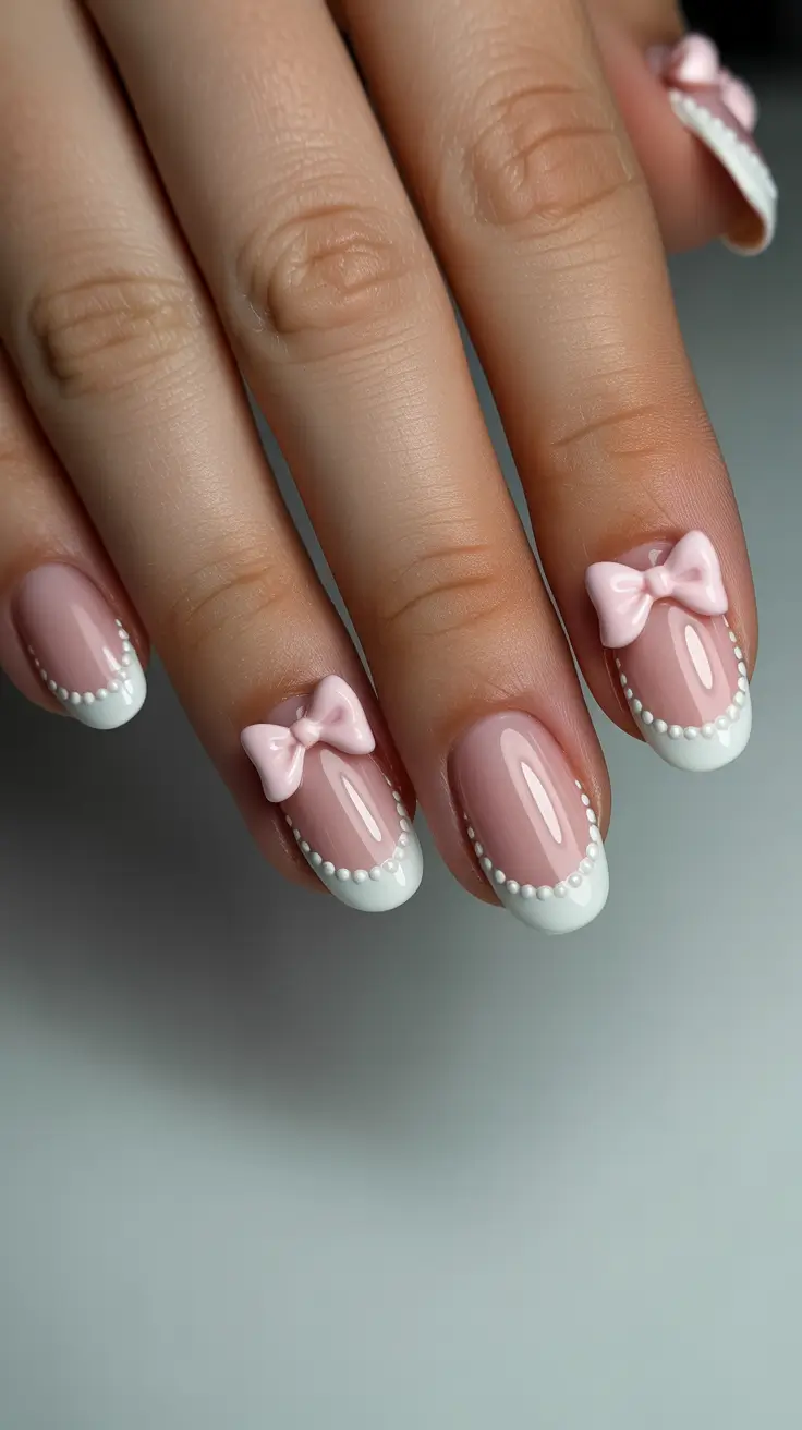 classy nails aesthetic 2026 Pink French Bow Nails