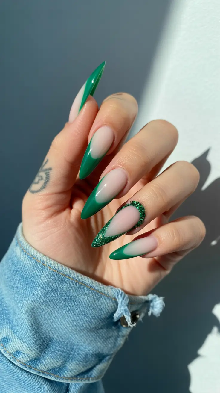 Classy nails aesthetic 2026 Green Almond Nails with Graphic French Tips