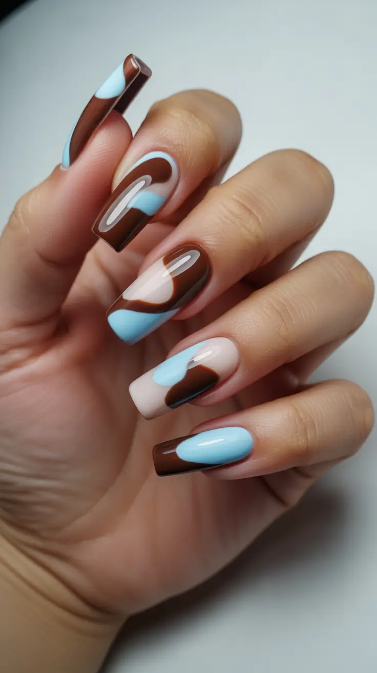 Creative Coffin Nails 2026 Brown Blue Color Block