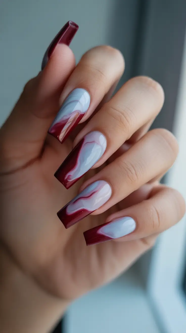 Creative Coffin Nails 2026 Wine Red Marble