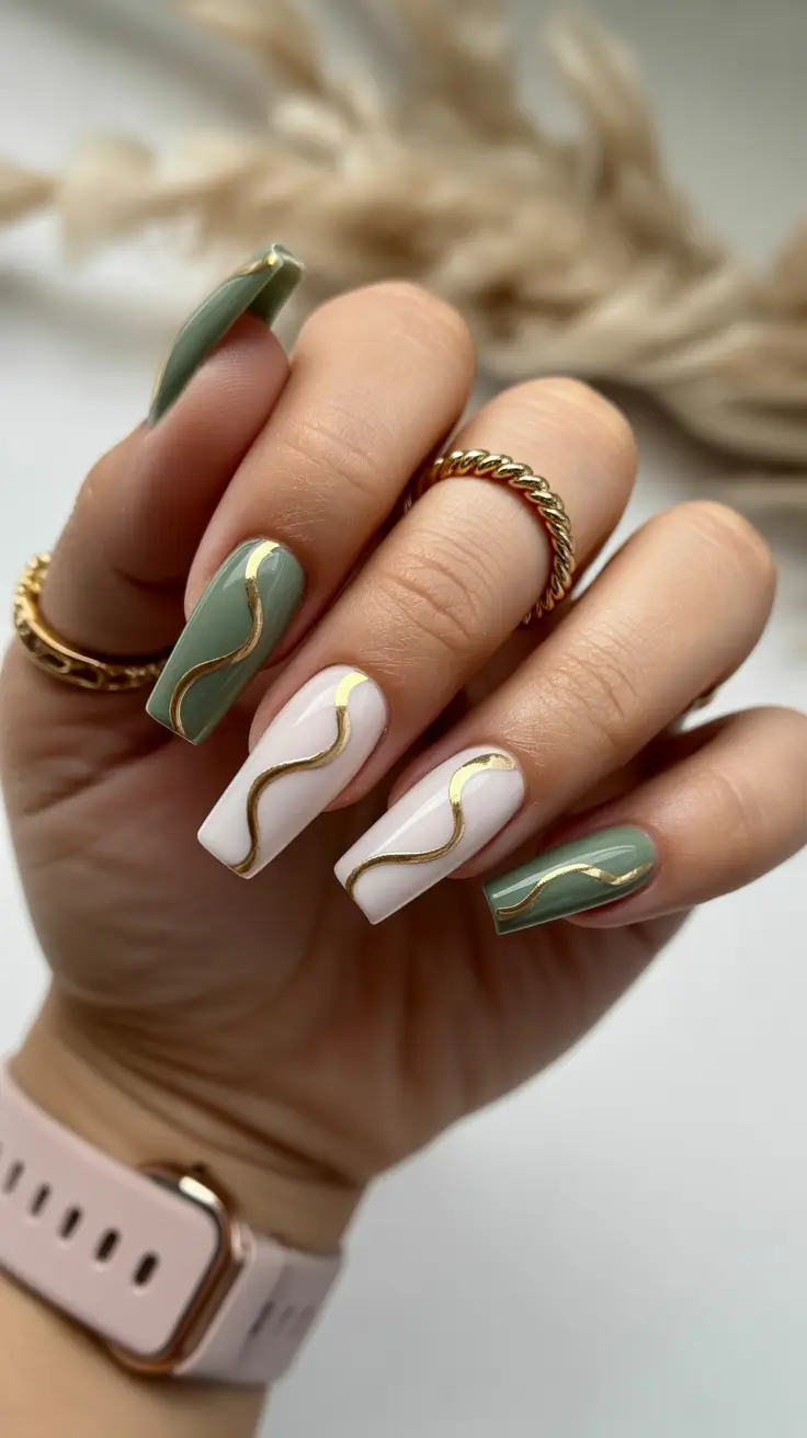 Creative Coffin Nails 2026 Green Gold Design