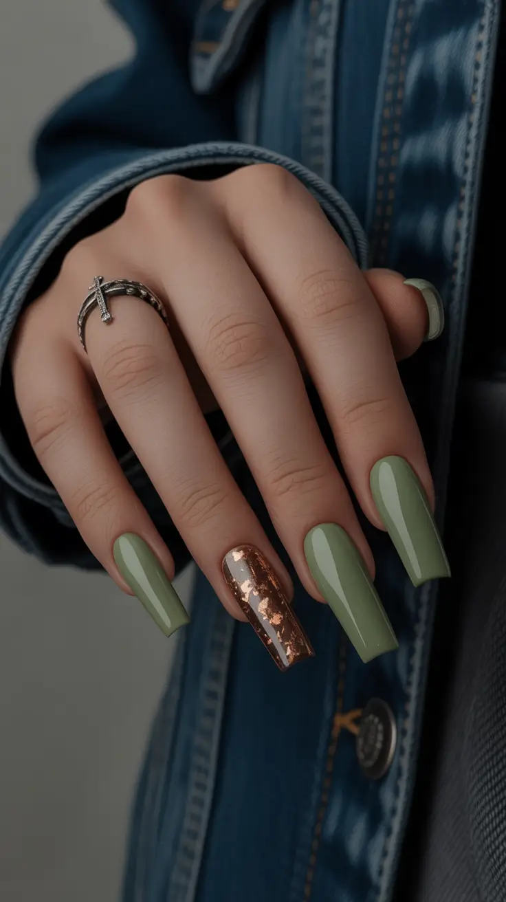 Creative Coffin Nails 2026 Olive Green Coffin Nails With Copper Foil Accent