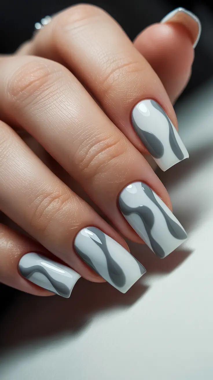 Creative Coffin Nails 2026 Milky White Coffin Nails With Smoky Gray Waves