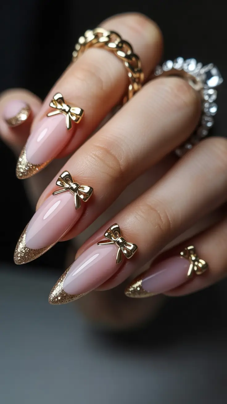 Creative Nail Designs 2026 Golden Bow Elegance