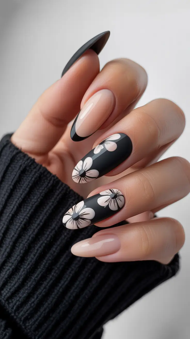 Cute Nails Inspiration 2026 Black Floral Nails
