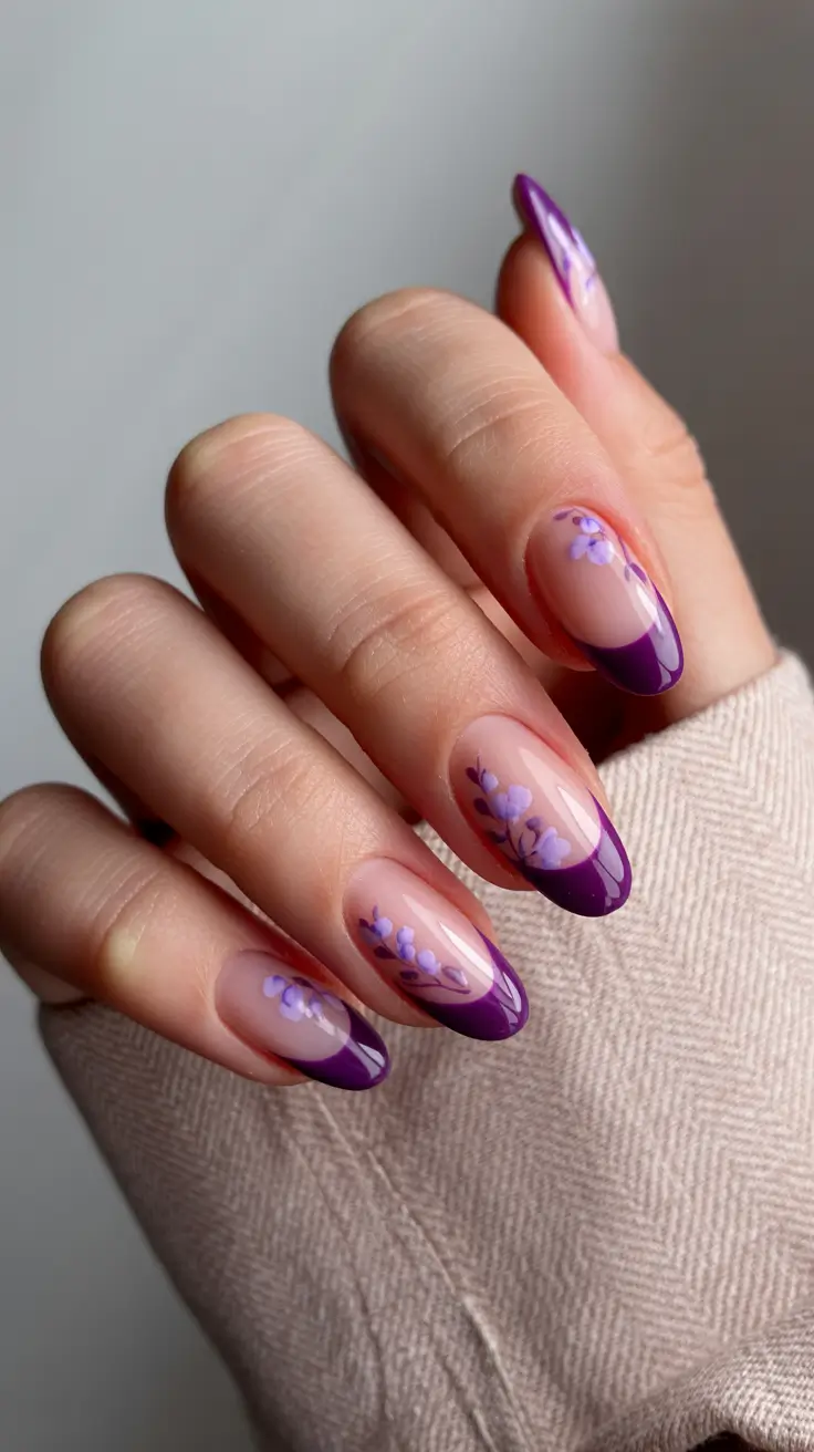 Cute Nails Inspiration 2026 Almond French With Purple Botanical Accents