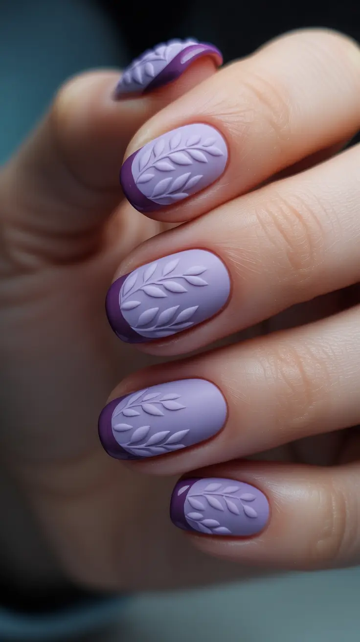 Cute Nails Inspiration 2026 Matte Lilac With Embossed Leaf Art