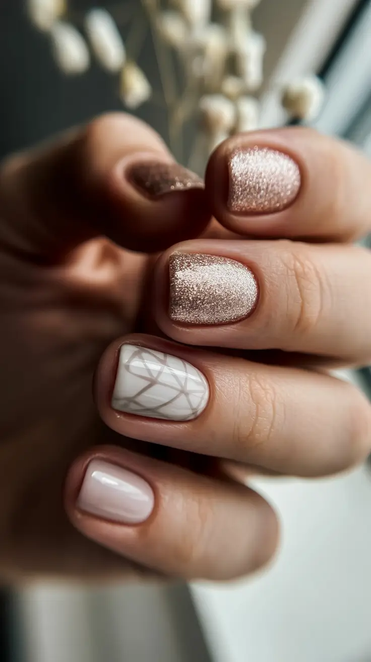 Cute Nails Inspiration 2026 Warm Nude With Soft Glitter And Graphic Lines