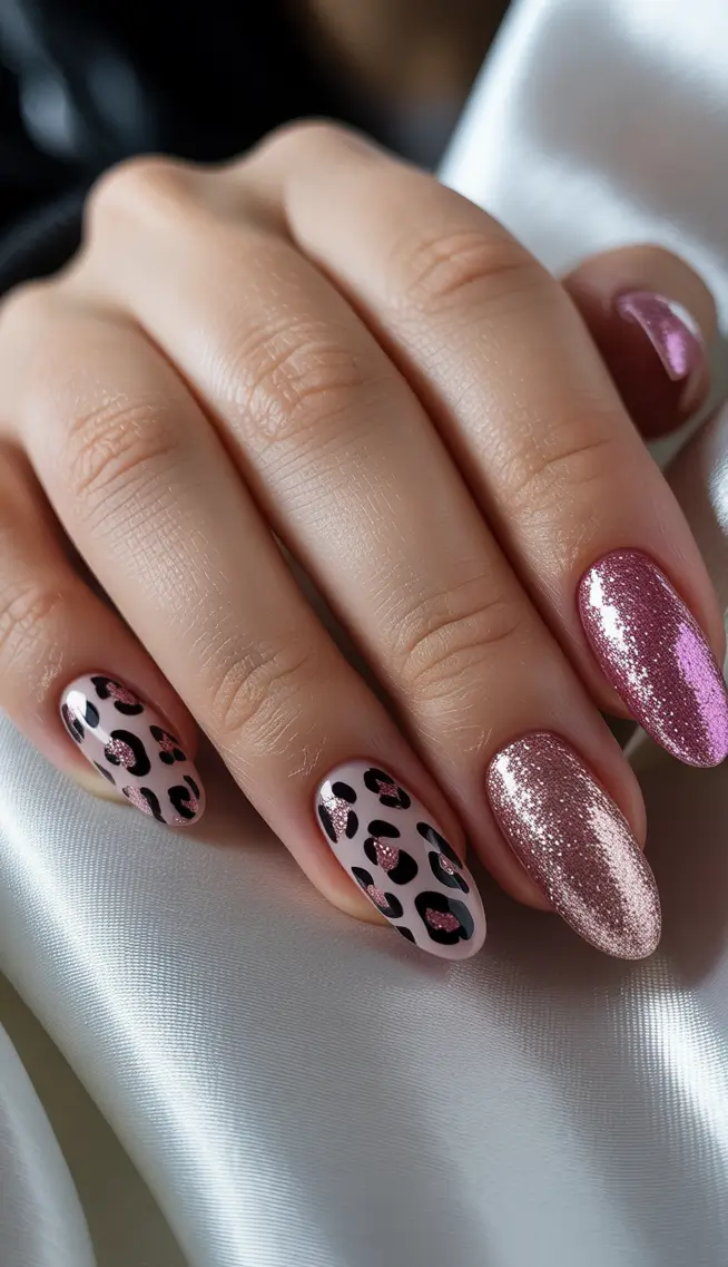 Cute Nails Inspiration 2026 Rose Gold Glitter With Leopard Accents
