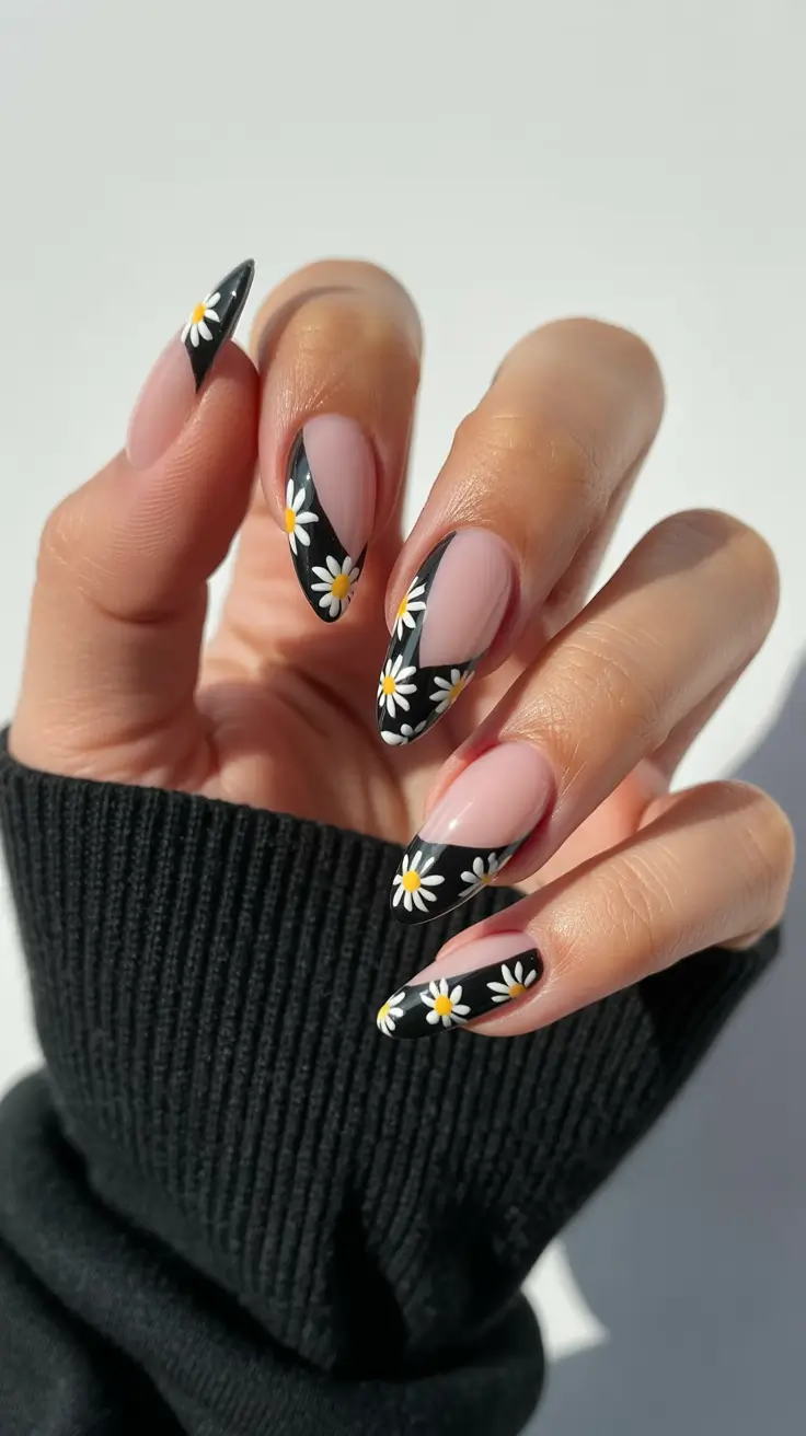 Cute Nails Inspiration 2026 Black French Tips With Daisy Art