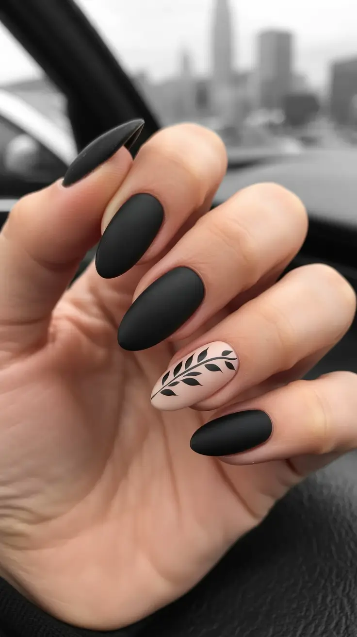 Elegant Black Nails 2026 Botanical Accent