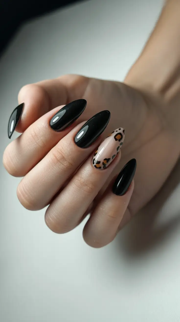 Elegant Black Nails 2026 Leopard Accent