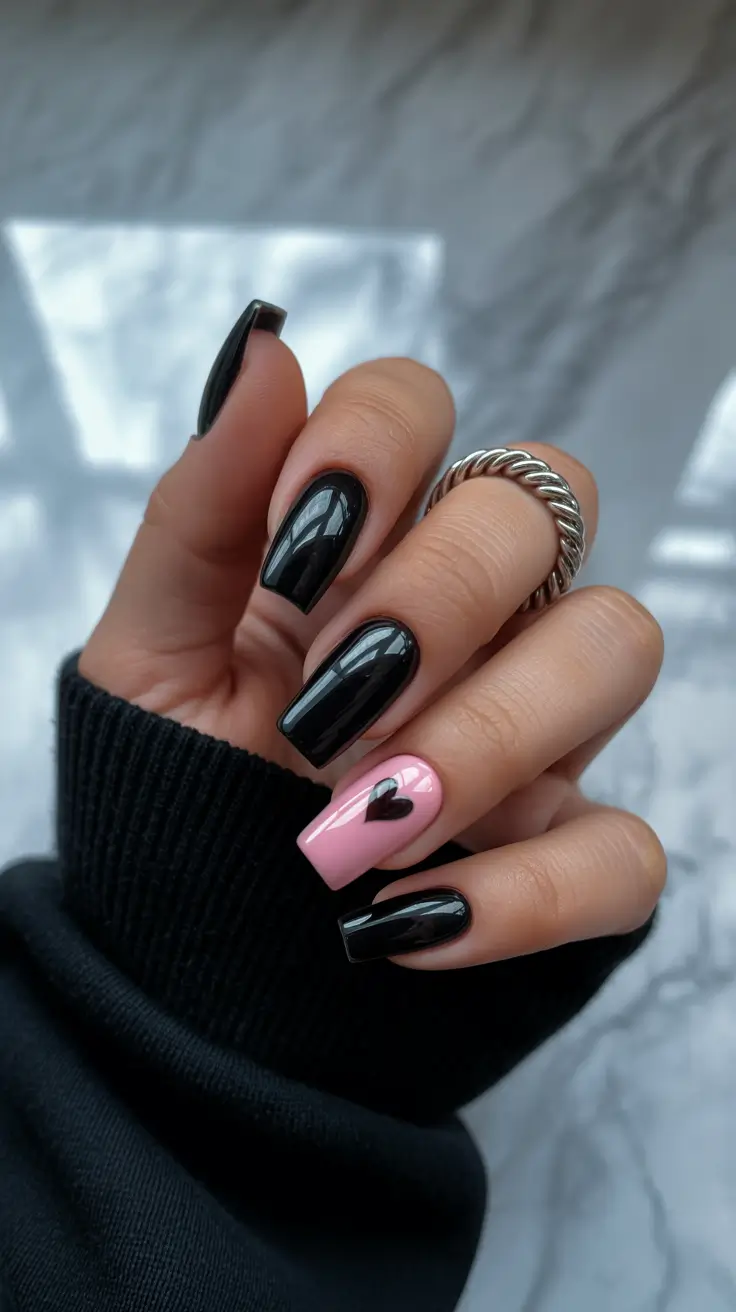 Elegant Black Nails 2026 Pink Heart