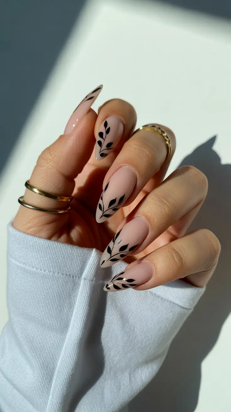 Elegant Black Nails 2026 Soft Nude and Black Botanical Lines