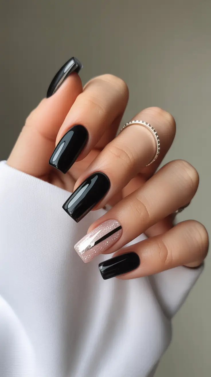 Elegant Black Nails 2026 Glossy Black with Minimal Contrast Accent
