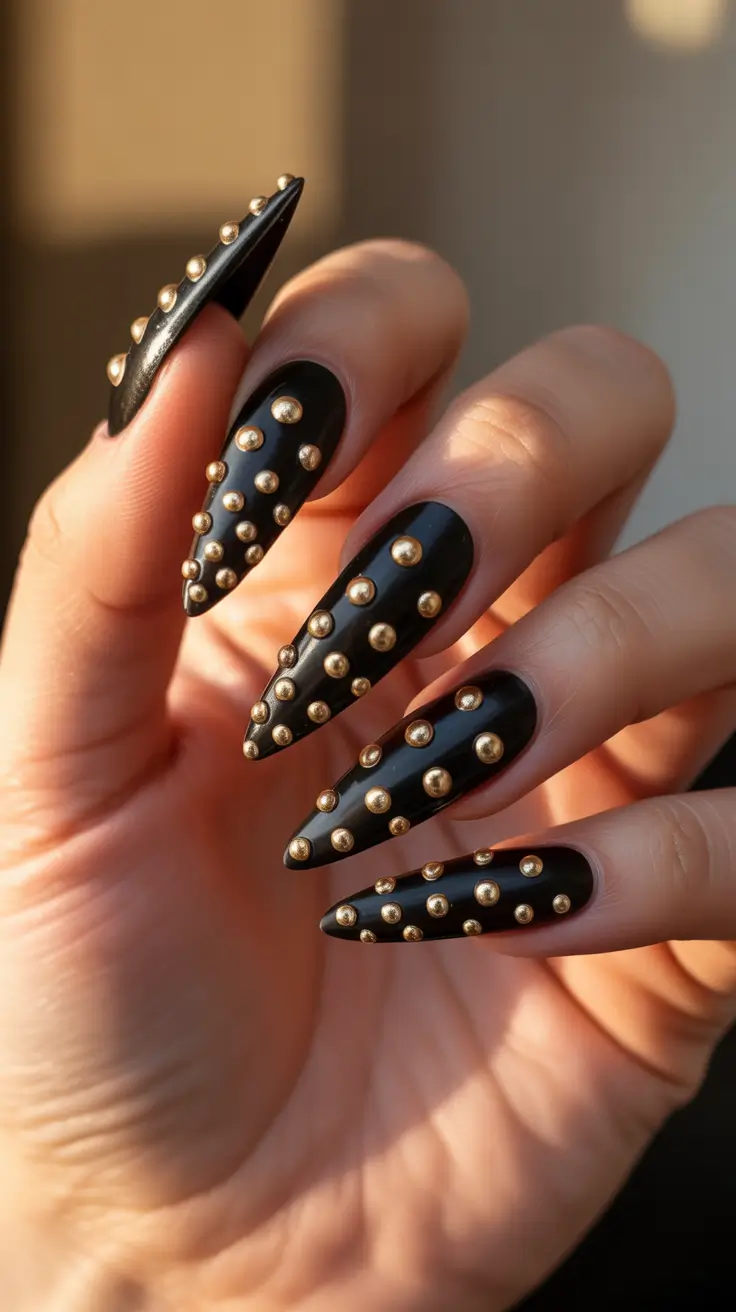 Elegant Black Nails 2026 Gold Stud Stiletto