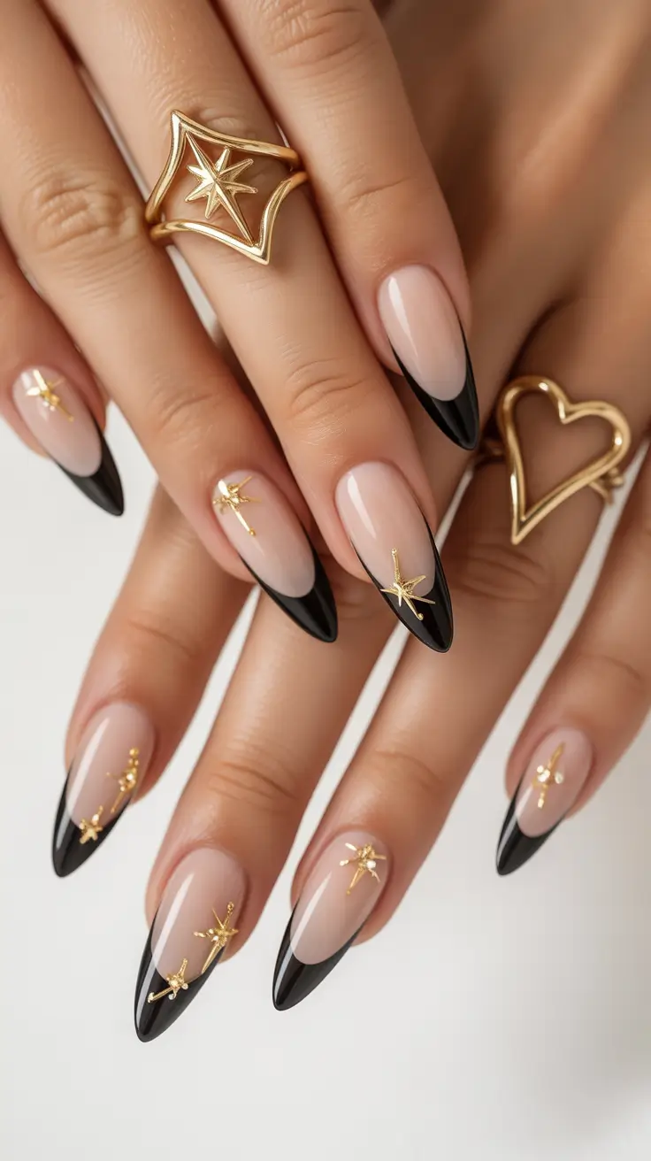 Elegant Black Nails 2026 Black French Tips with Gold Details