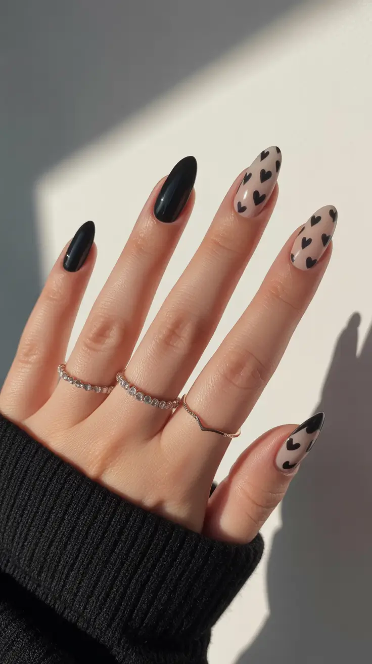 Elegant Black Nails 2026 Playful Black with Soft Heart Details