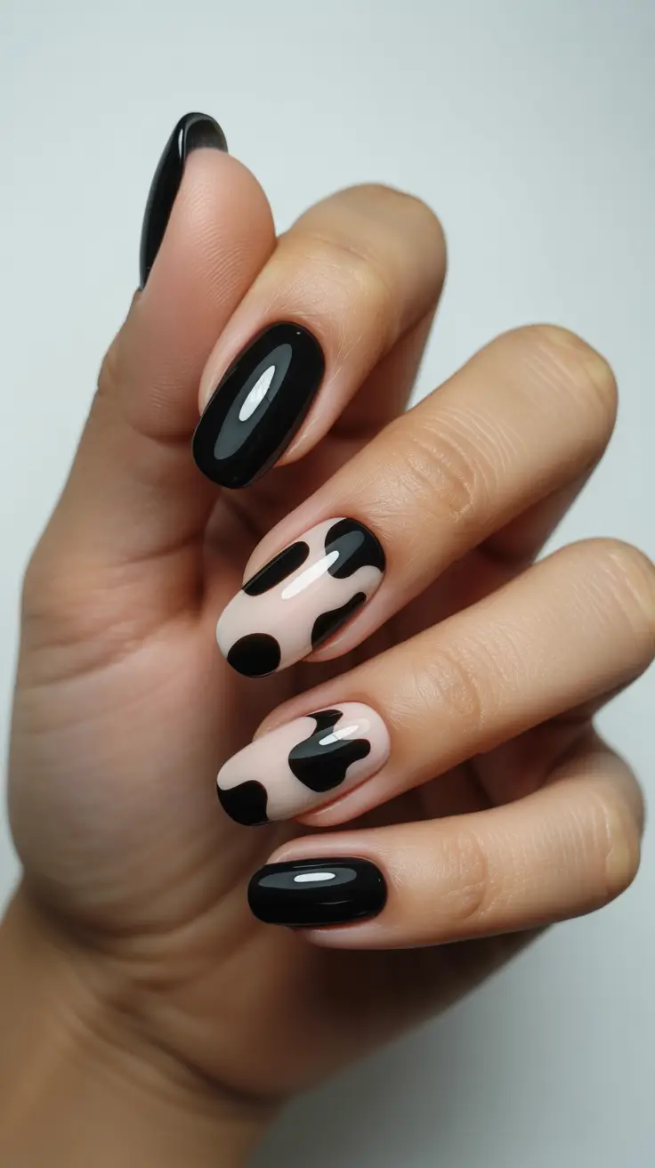 Elegant Black Nails 2026 Abstract Black and Nude Graphic Shapes