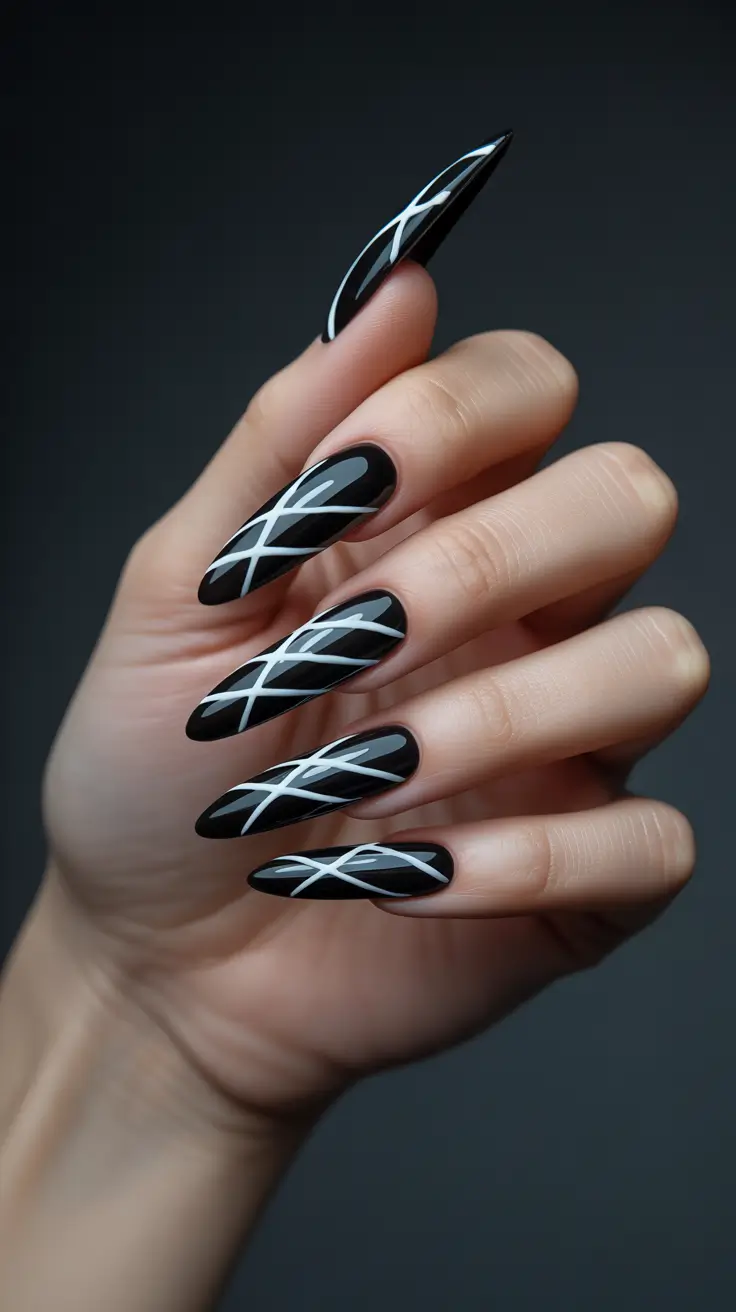 Elegant Black Nails 2026 Sleek Black Lines on Almond Nails
