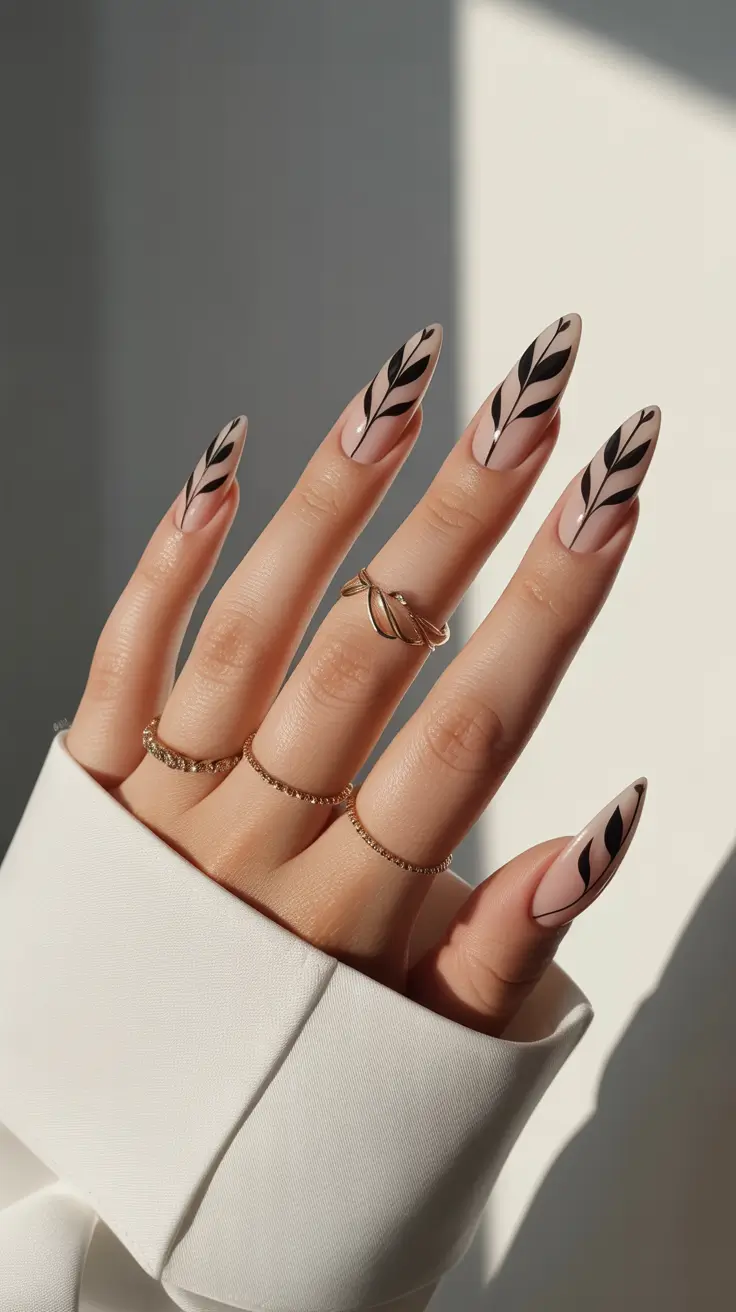 Elegant Black Nails 2026 Minimal Botanical Black on Nude Base