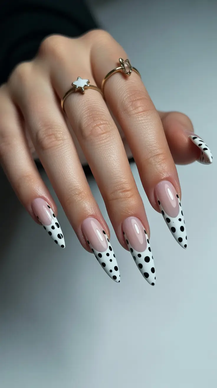 Elegant Black Nails 2026 Graphic Polka Dot Tips with a Retro Mood