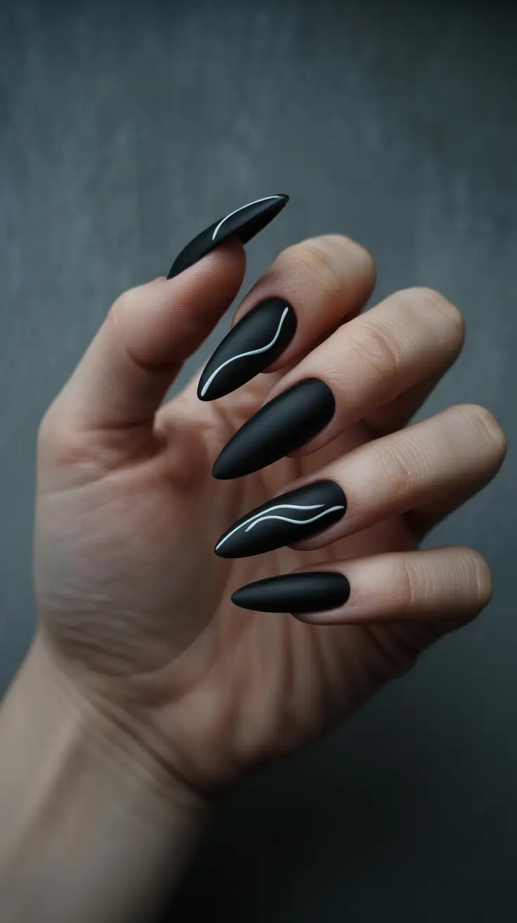 Elegant Black Nails 2026 Matte Black with Soft Linear Accents