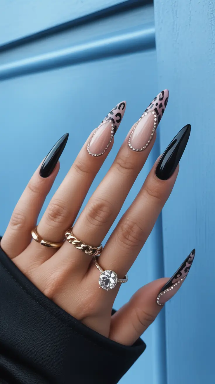 Elegant Black Nails 2026 Leopard Crystal