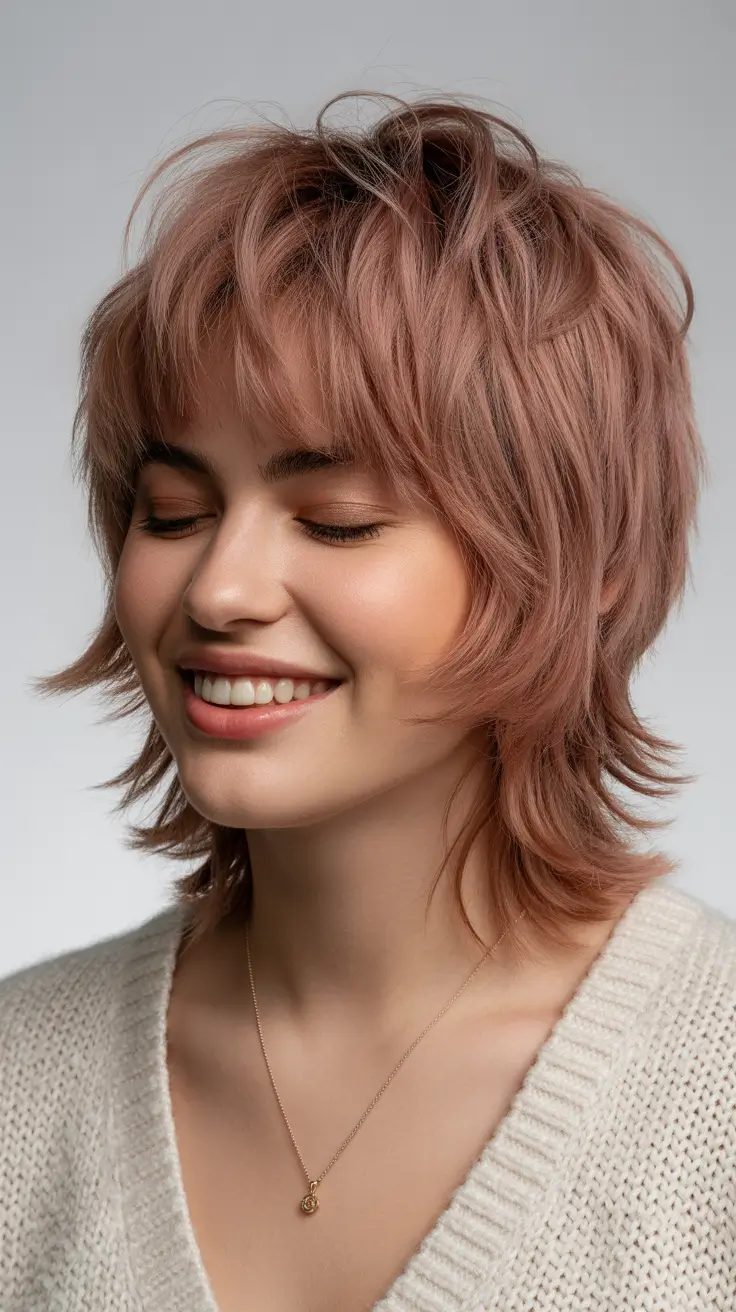 haircuts for thin fine hair 2026 Textured Rose Shag with Soft Bangs