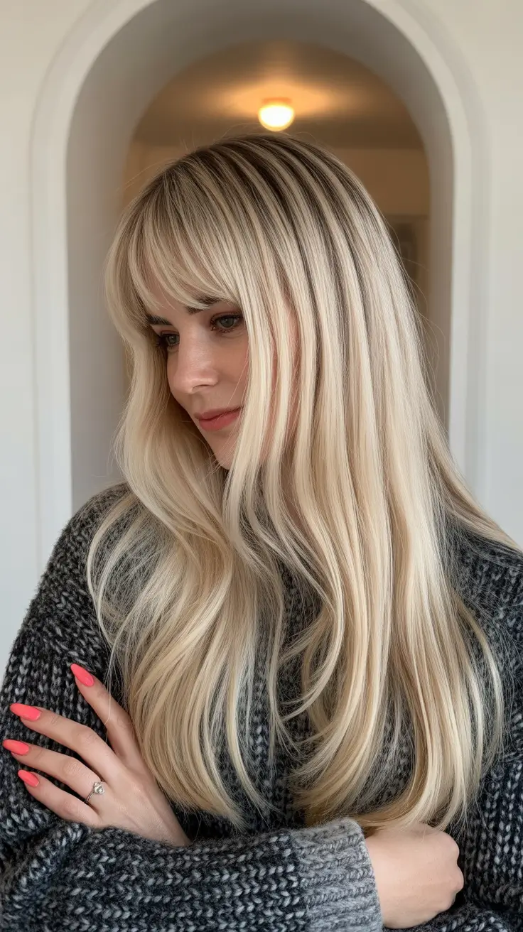 haircuts for thin fine hair 2026 Long Blonde Layers with Feathered Bangs