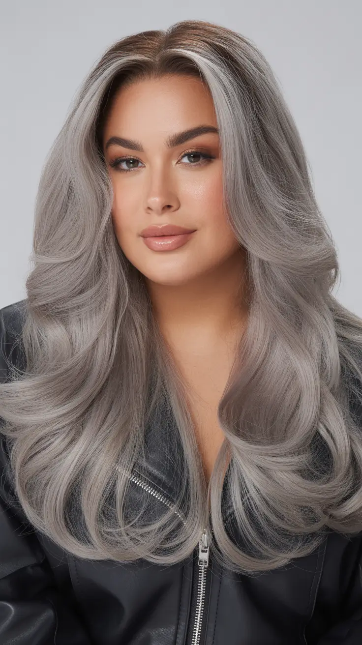 Haircuts for Chubby Faces 2026 Silver Toned Long Layers With Modern Softness
