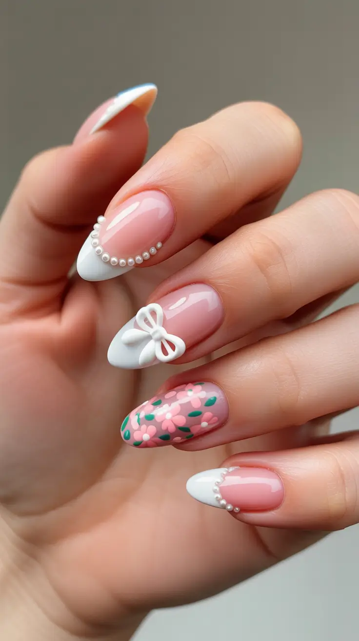 holiday nails 2026 Floral Pink Holiday Nails with a Modern Touch