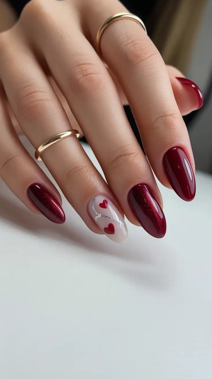 holiday nails 2026 Deep Burgundy Nails with Romantic Heart Accents