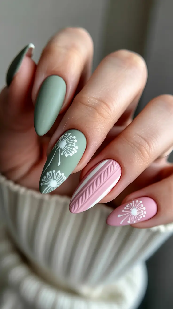 holiday nails 2026 Muted Green and Pink for a Modern Holiday Mood