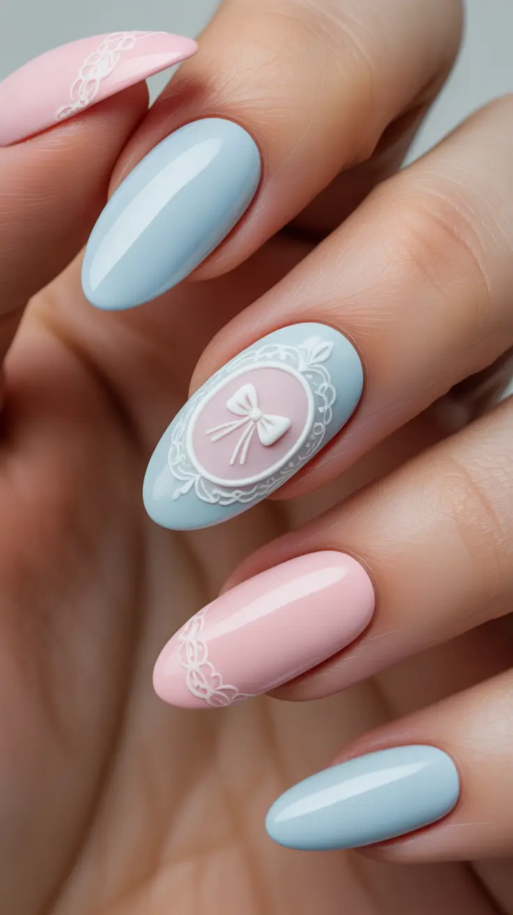 holiday nails 2026 Soft Blue and Pink Elegance with Vintage Charm